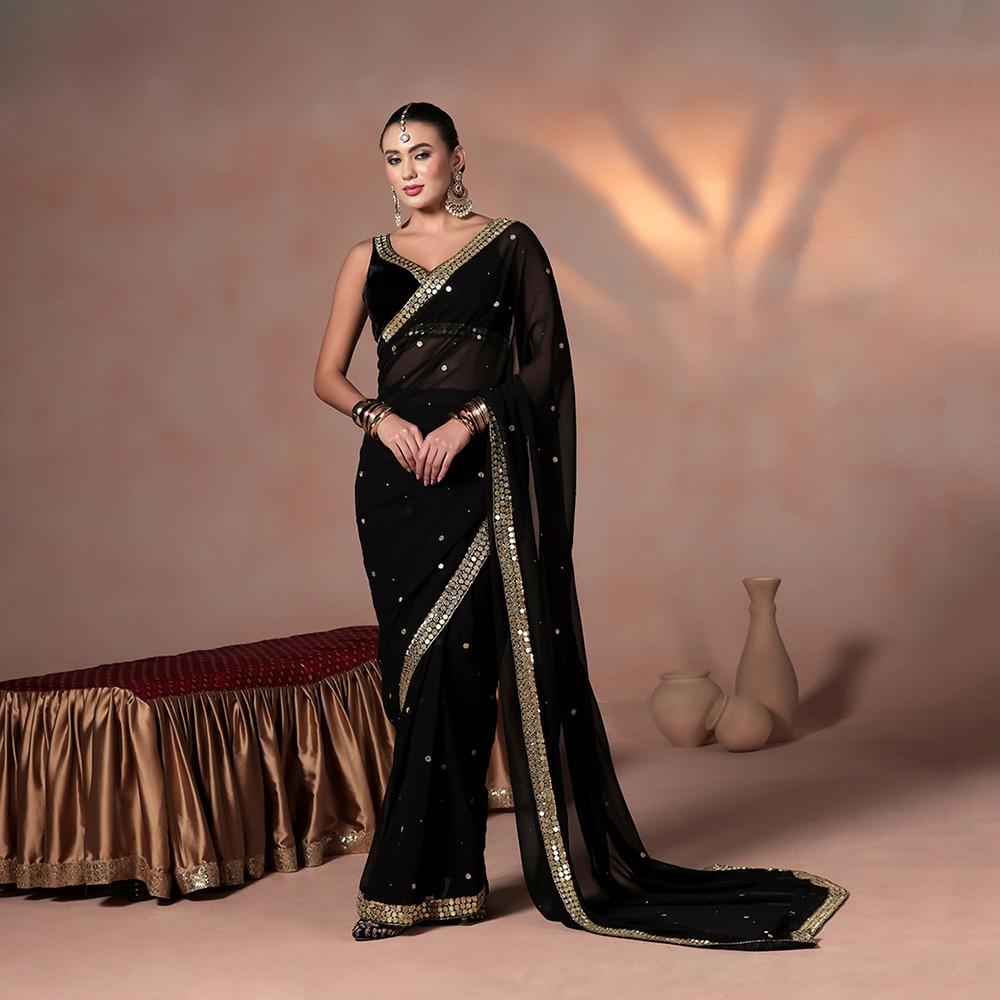 Black georgette saree with gold mirror work and blouse — RNG REZA
