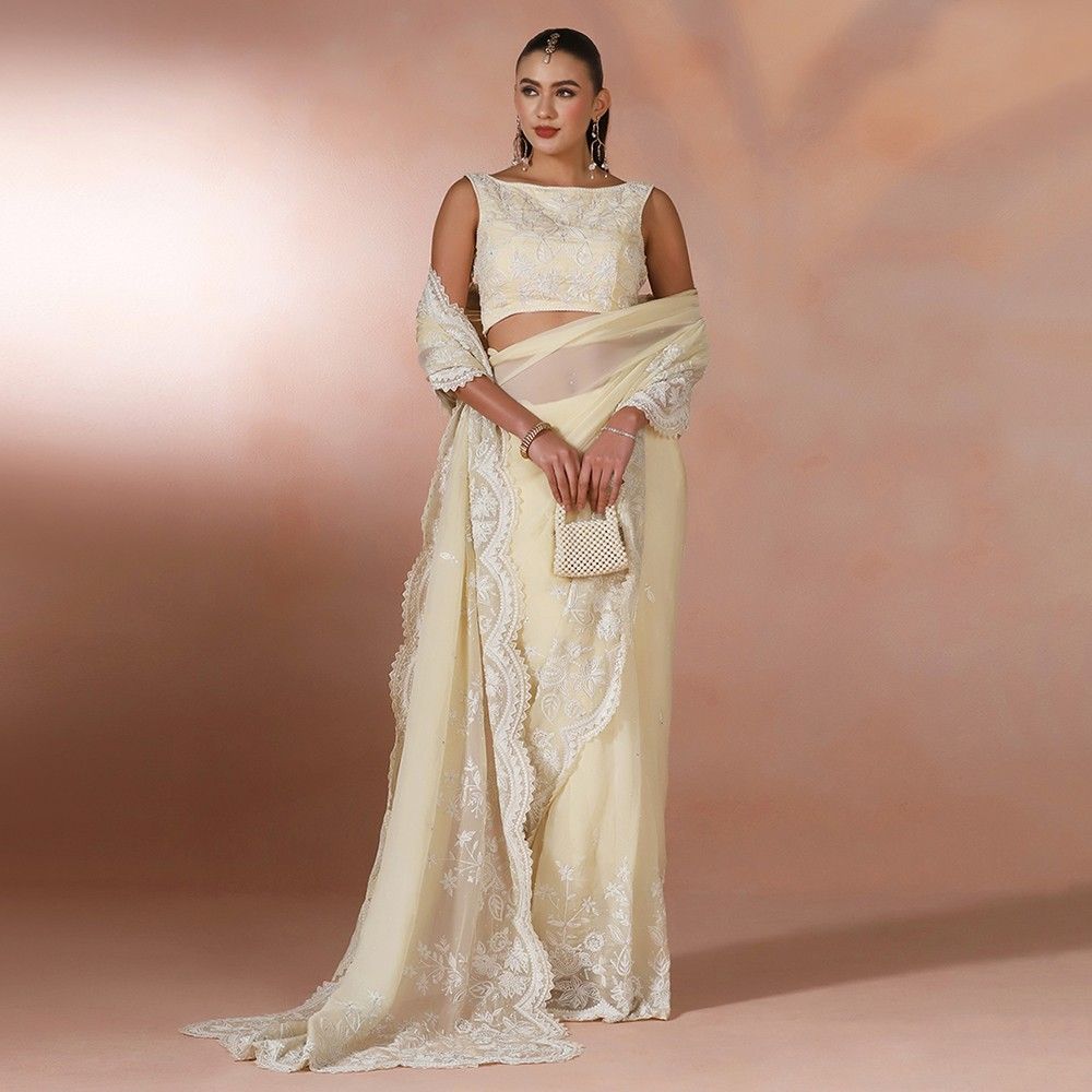 Ecru organza thread work saree with embroidered blouse — RNG REZA