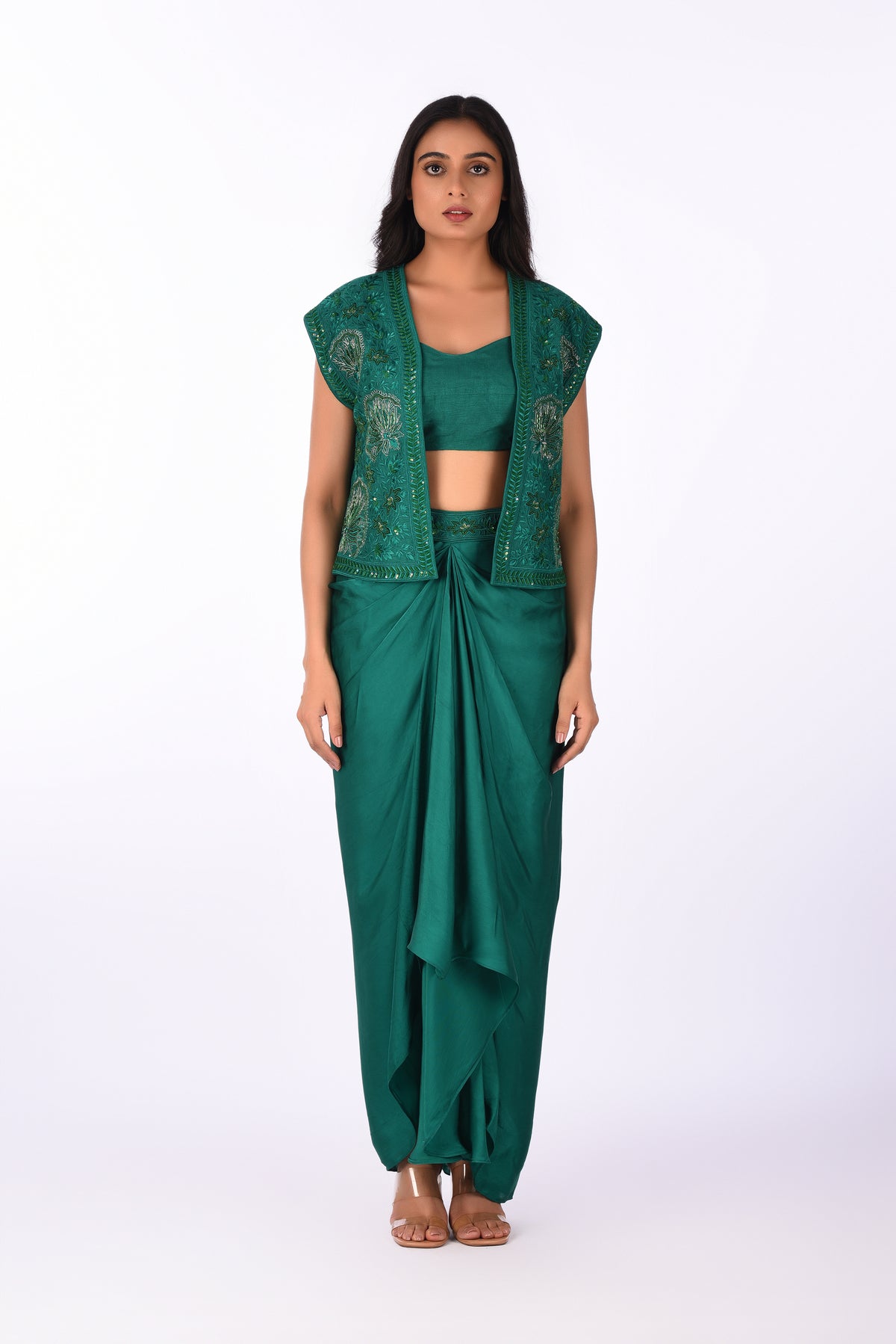 Women's green jacket drape saree with blouse — RNG REZA