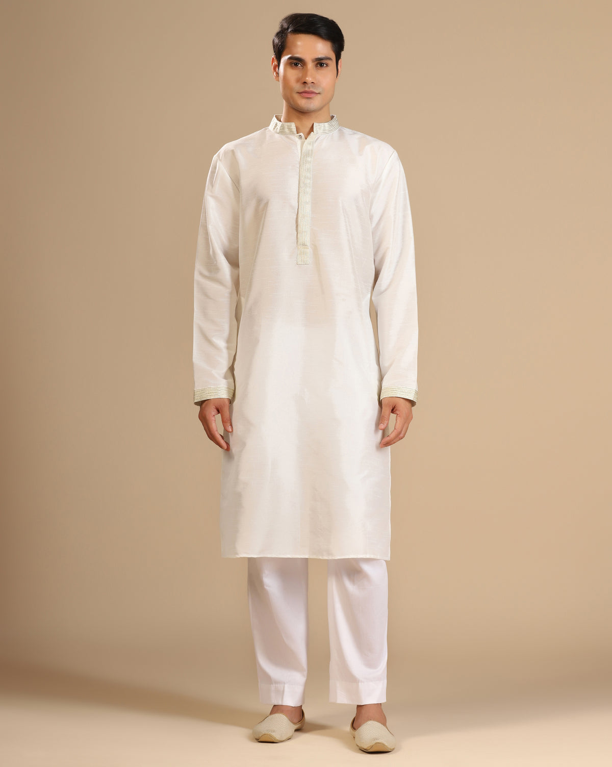 Men's white dupion silk kurta set with embellished placket — RNG REZA