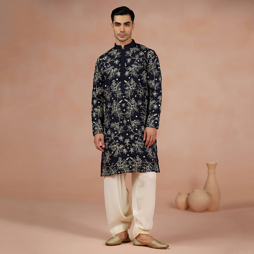 Men's deep blue chanderi kurta set — RNG REZA