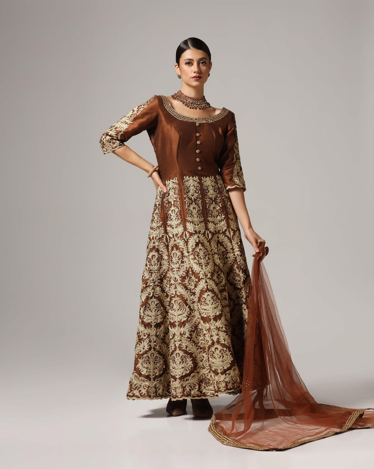 Brown and gold aari embroidered Anarkali suit for women — RNG REZA