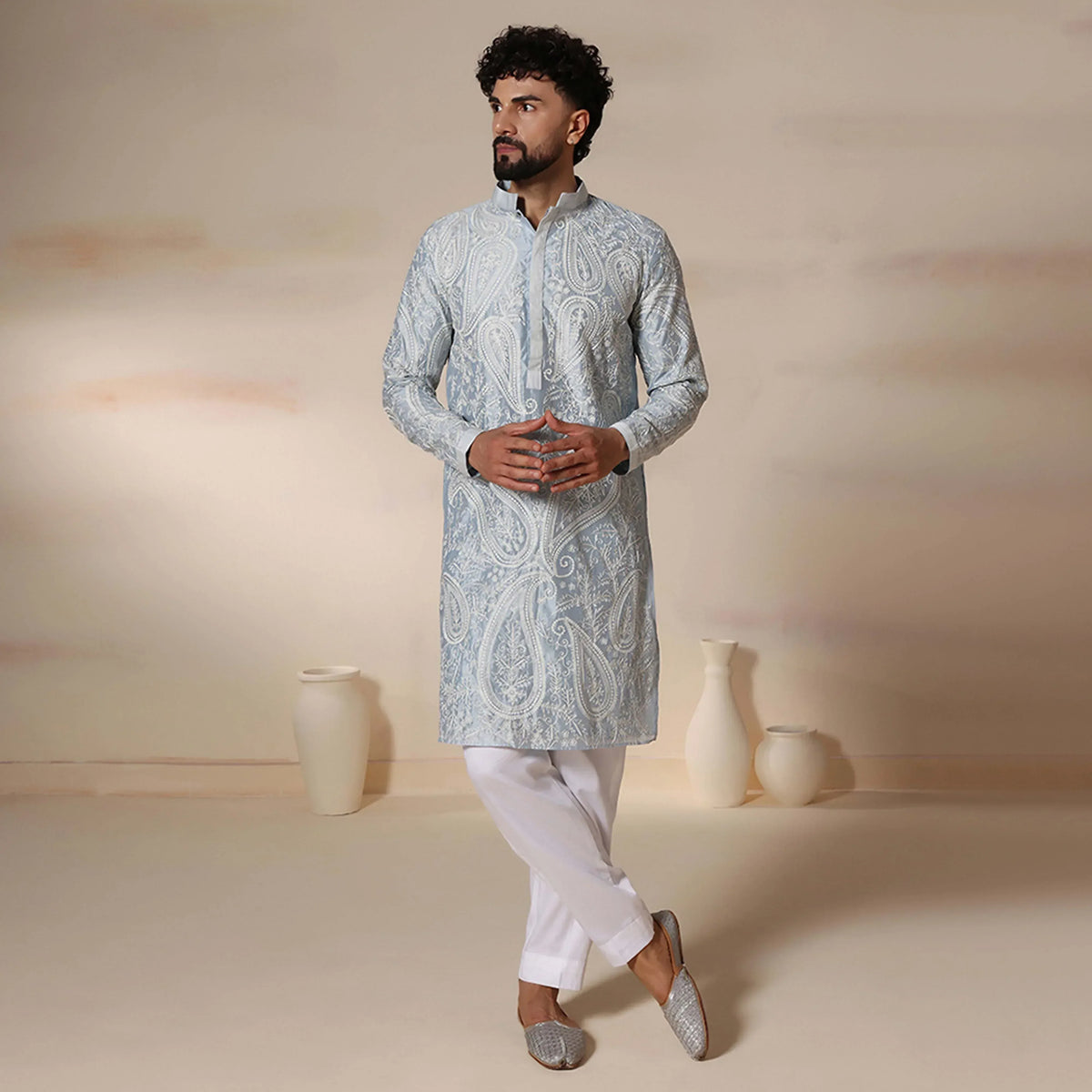 Powder Blue Men's Kurta Set With Delicate Threads Aari Work