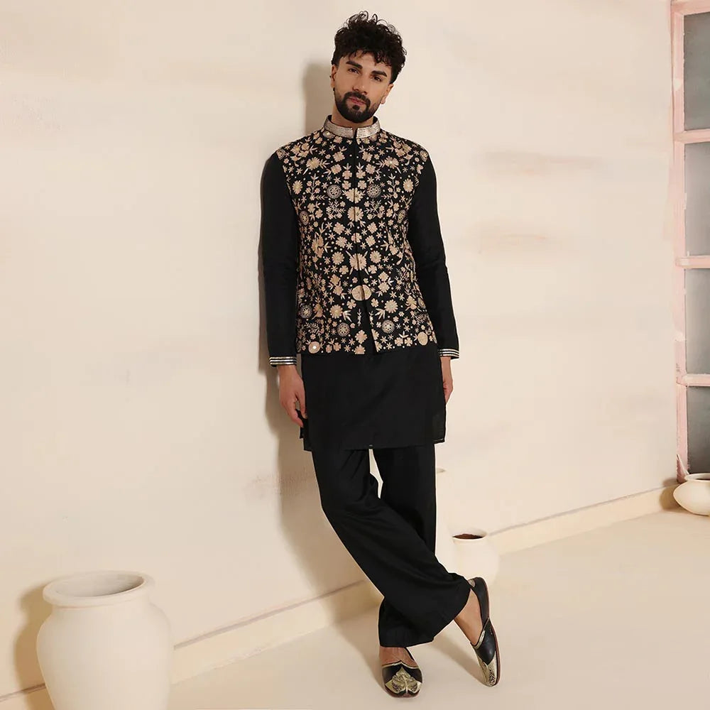Men's black embroidered Nehru jacket — RNG REZA
