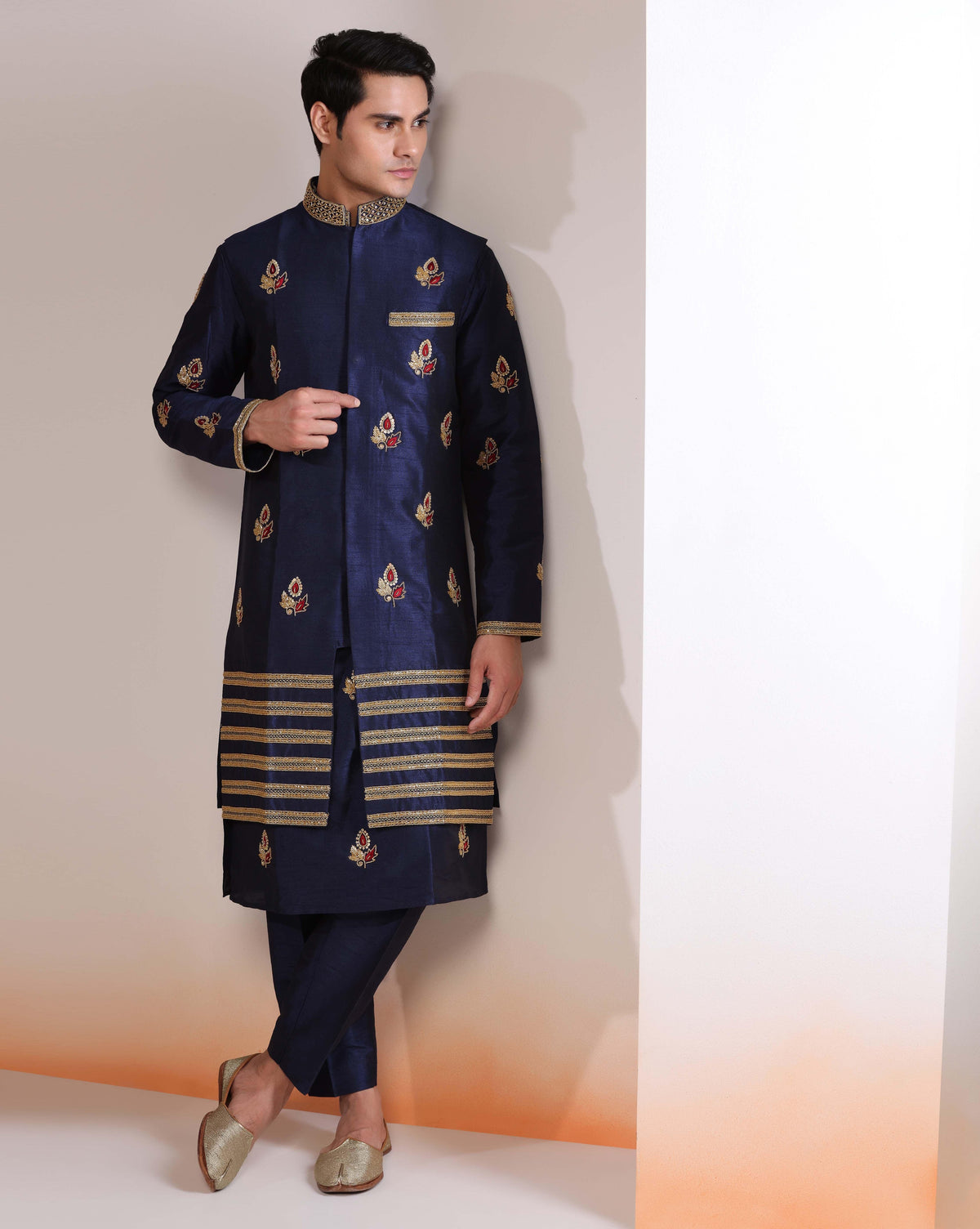 Men's blue monotone kurta set with long jacket — RNG REZA