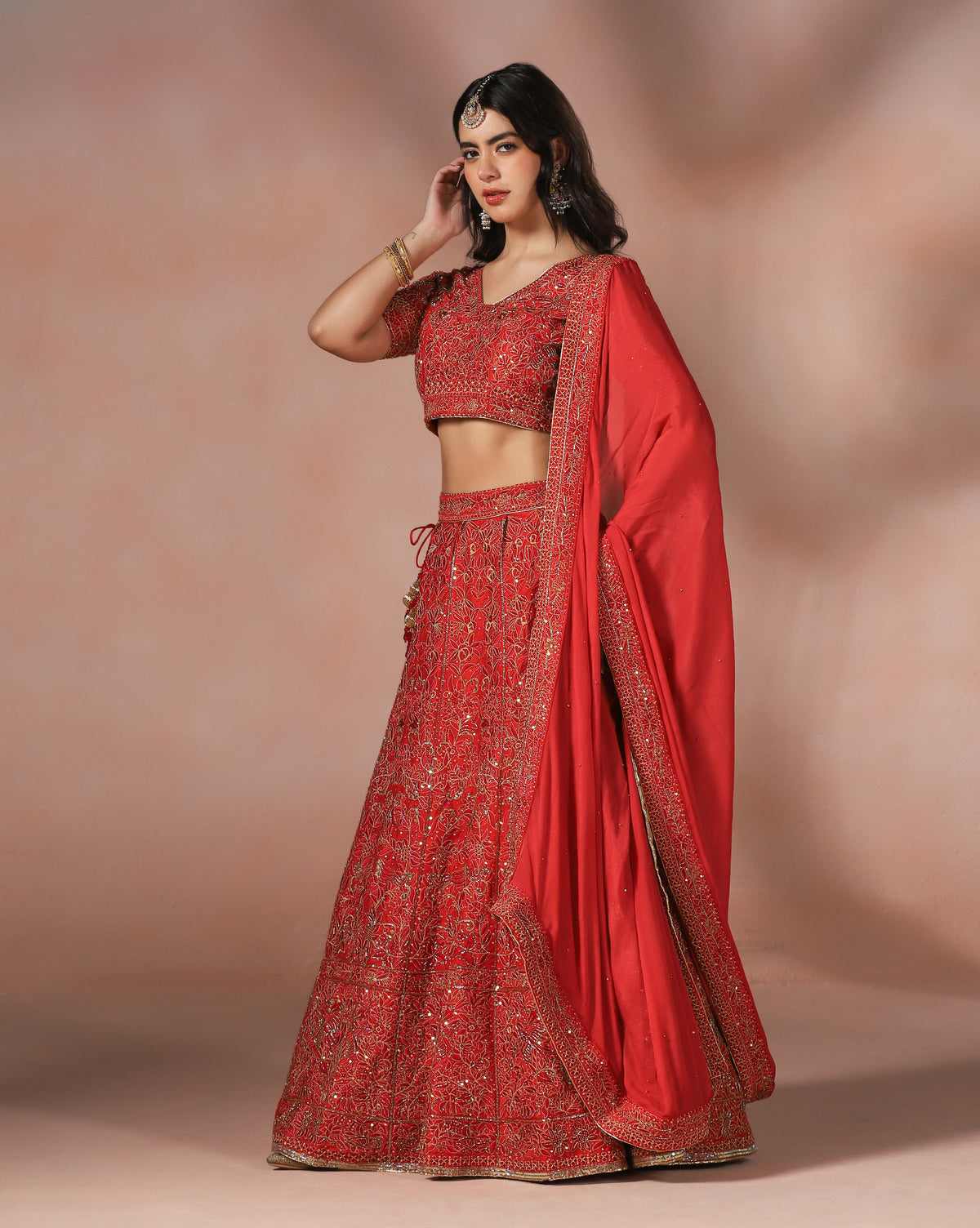 Classic Dupion Silk Red Lehenga With Thread Embroidery, Sequins & Cutdana Accents