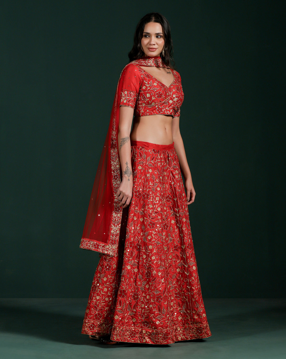 Dupion silk red aari embroidery lehenga for women — RNG REZA
