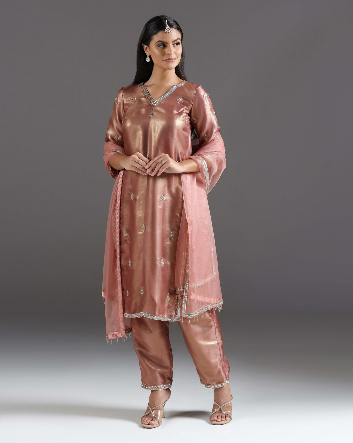 Rose Gold Radiance Tissue Kurta Pant With Handcrafted Detailing