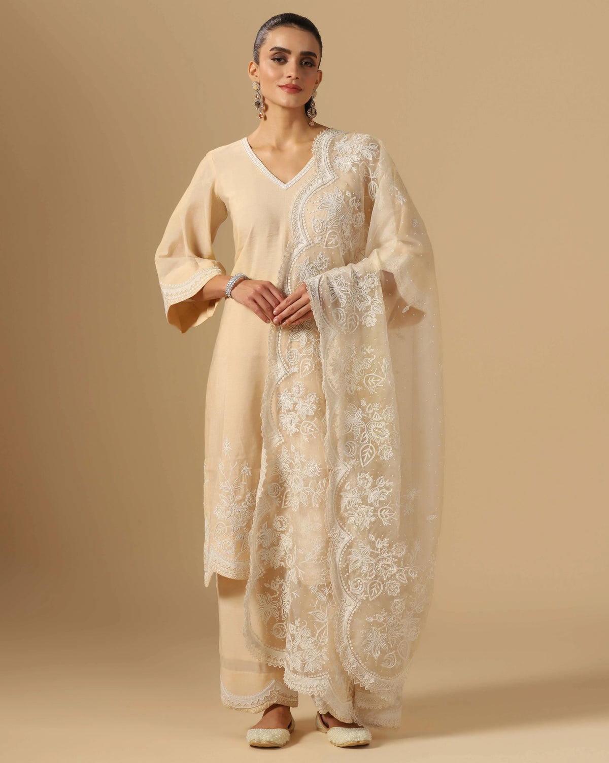 Chanderi ivory pearl kurta suit with organza dupatta for women — RNG REZA