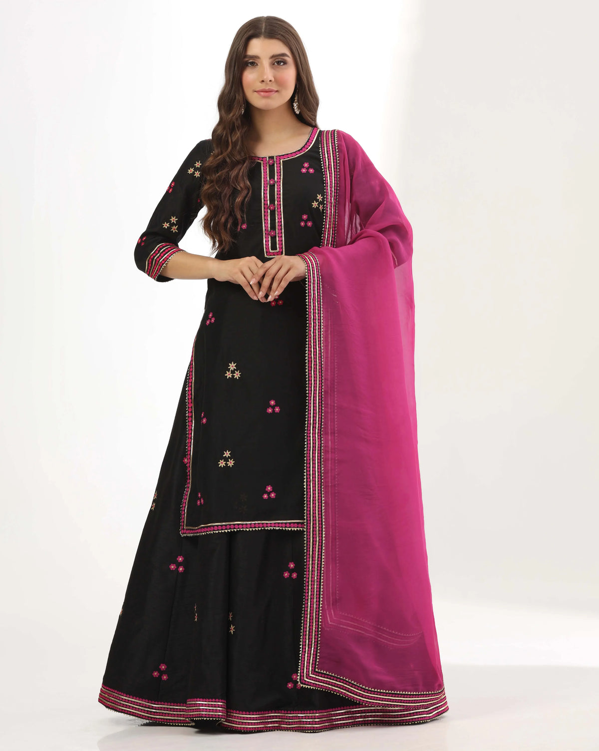 Black chanderi long kurti lehenga for women — RNG REZA