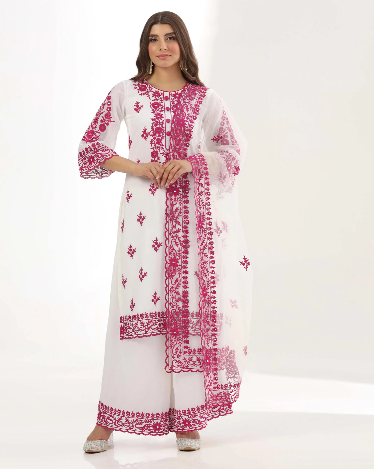 Vibrant Fuchsia Mirror Kurta Palazzo Set With Aari Detailing