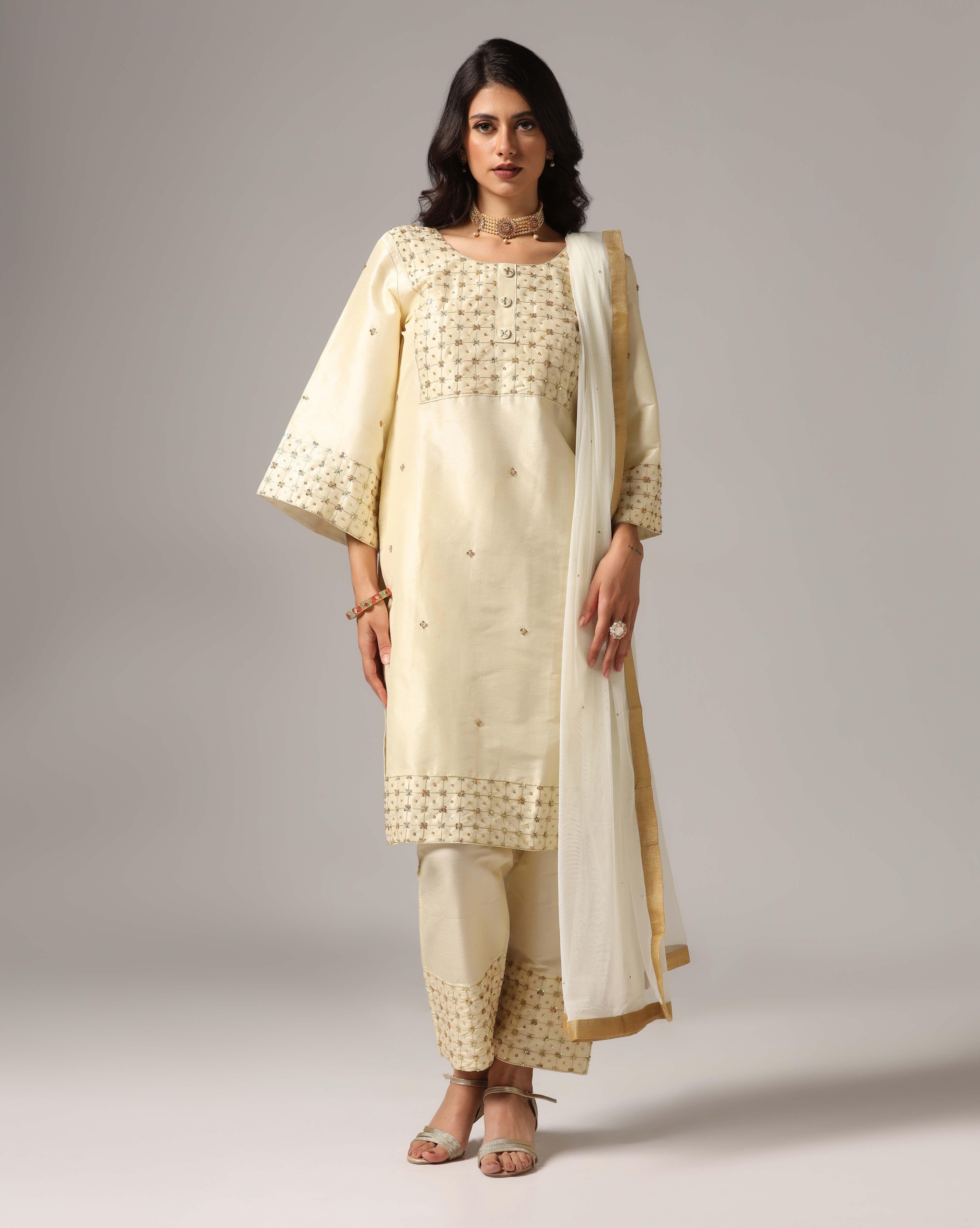 Women's Beige And Gold Kurta Set
