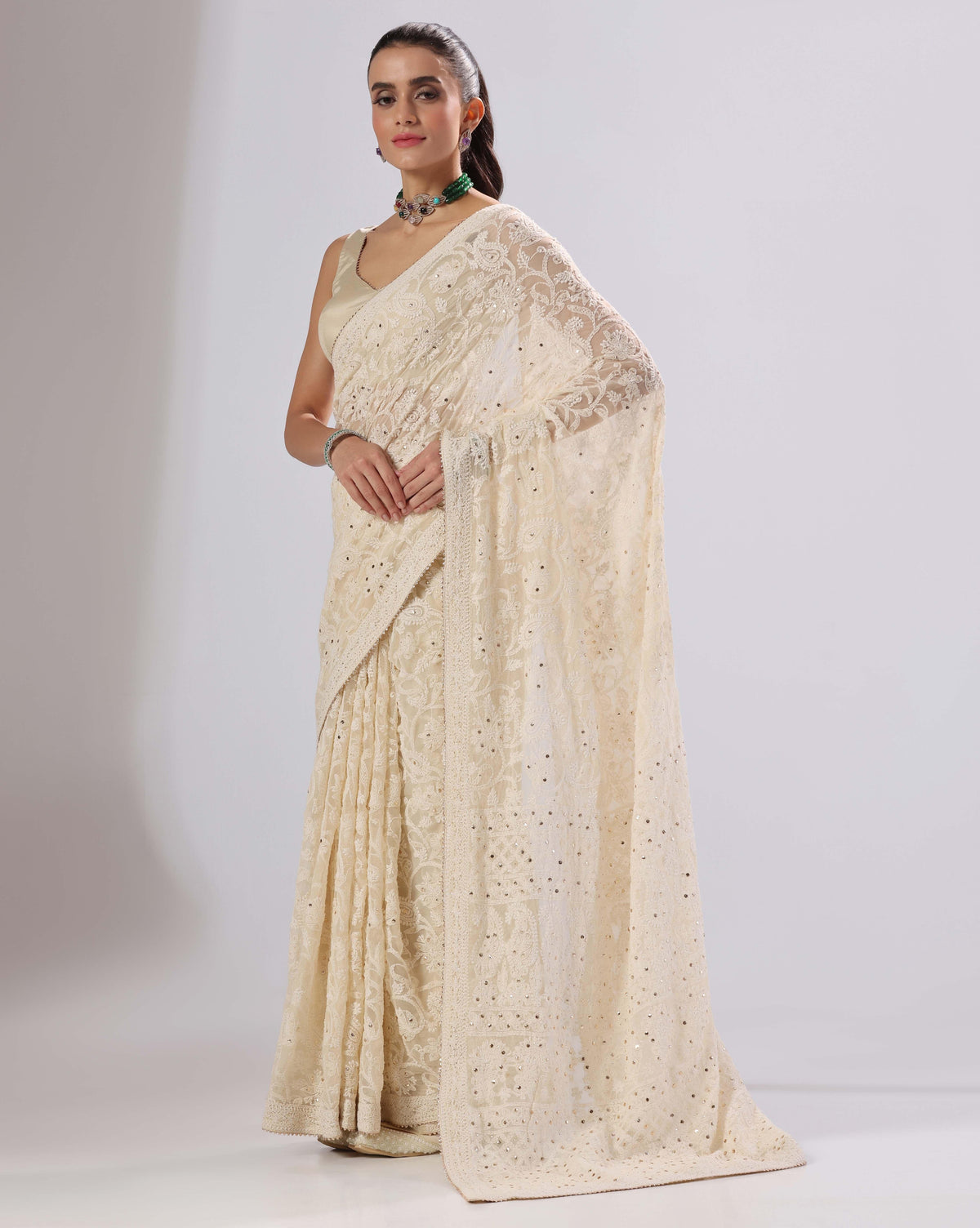 Beige Lucknowi chikankari saree with blouse — RNG REZA