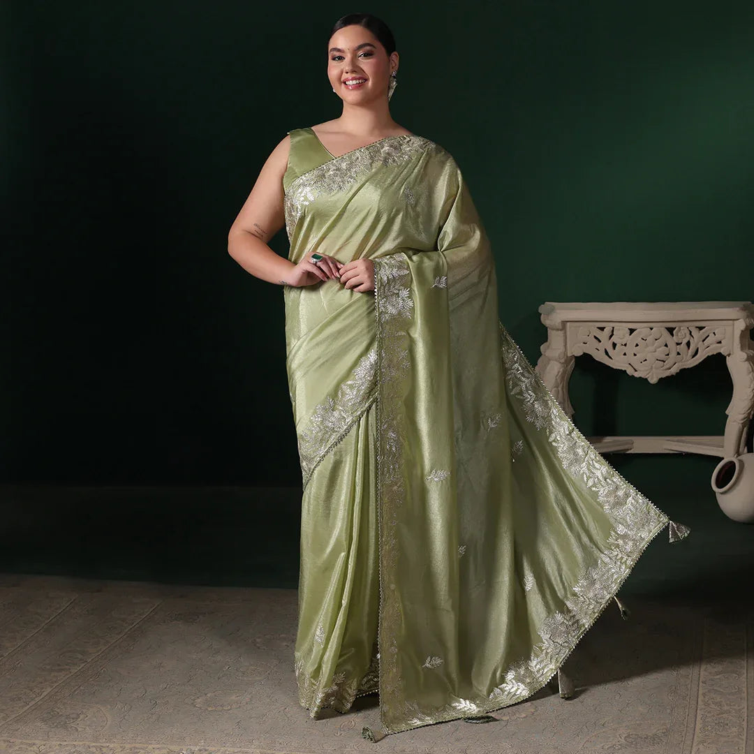 Women's green gotta crepe saree with unstitched blouse — RNG REZA