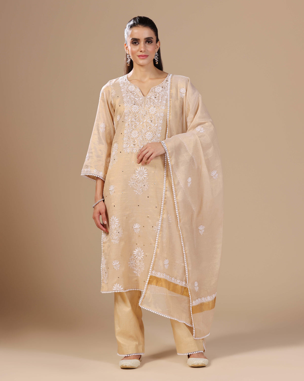 Women's gold chikankari unstitched suit fabric — RNG REZA