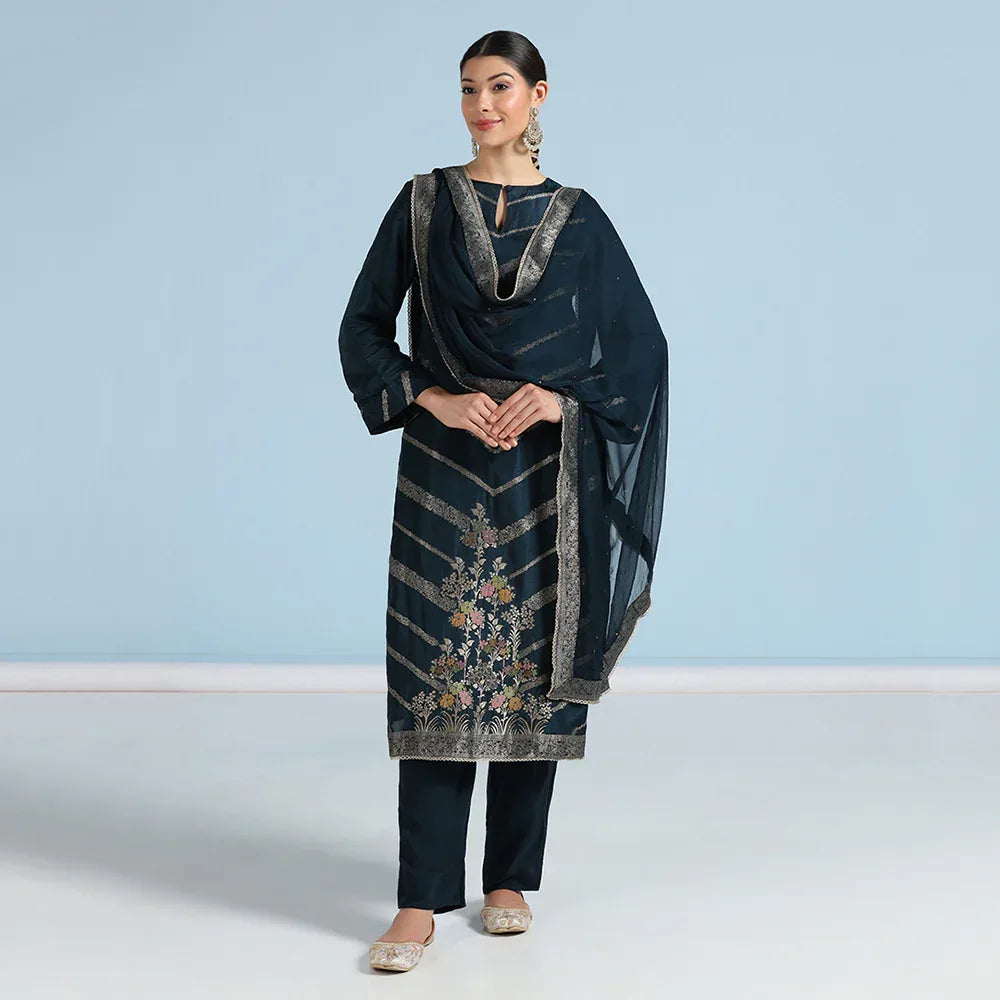 Navy Blue Banarasi Unstitched Suit