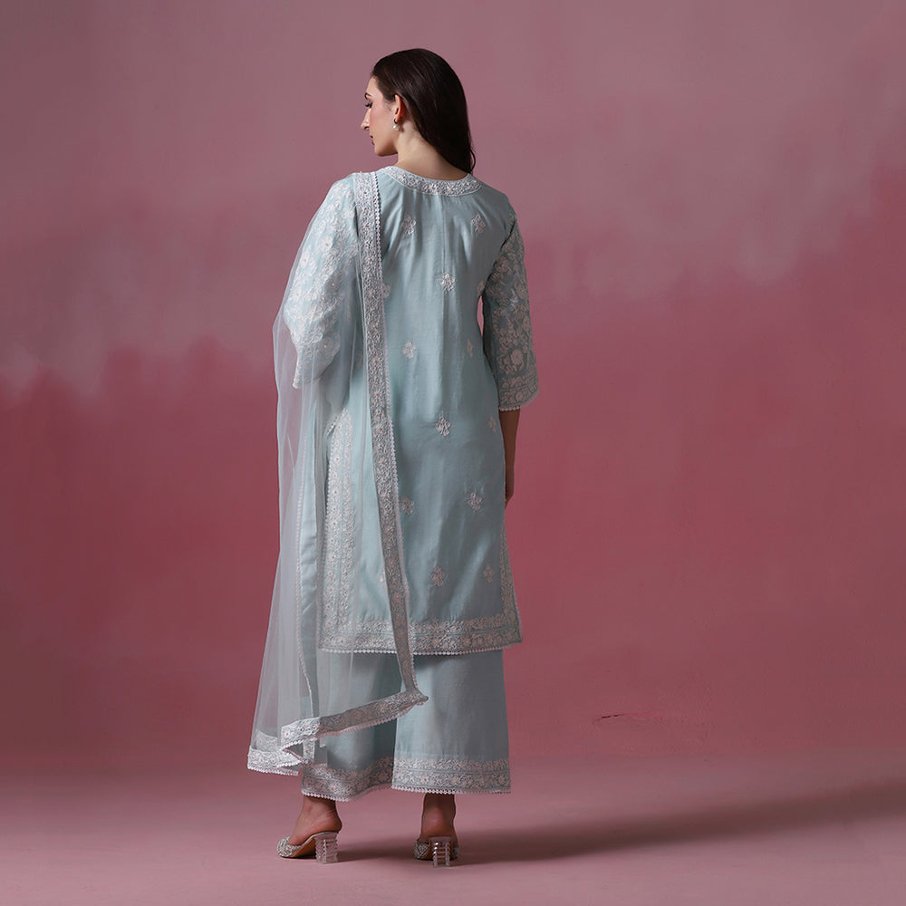 Pastel Blue Dori Embroidered Kurta Set with Dupatta