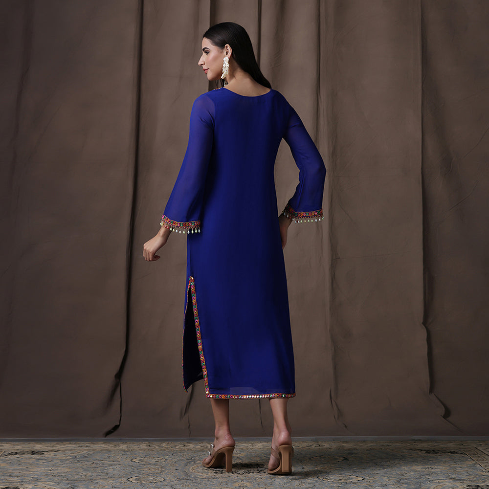 Bright Blue Mirror Embroidered Kurti
