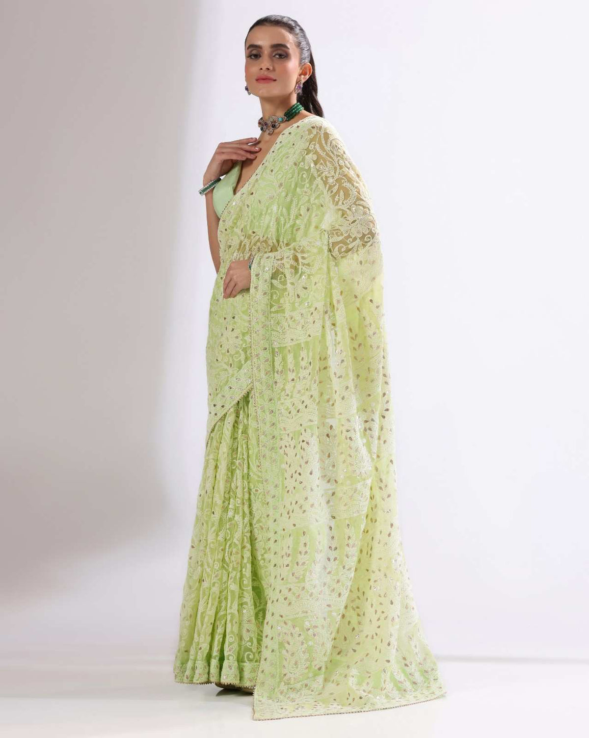 Green Georgette Chikankari Saree