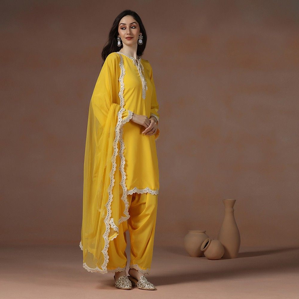 Yellow Crepe Kurta Set Detailed with Lace