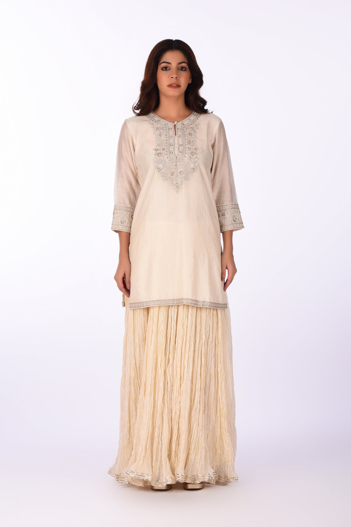 Kurti With Skirt Ivory Straight Kurta Set With Crushed Skirt