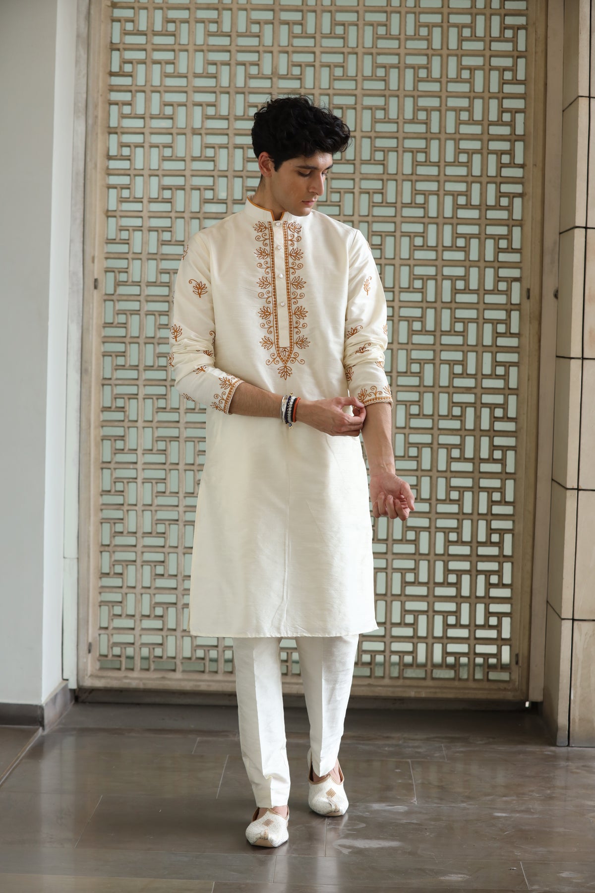 Classic Ivory Dupion Silk Embroidered Men's Kurta Set