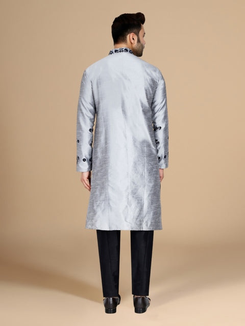 Silver Dupion Silk Embroidered Men's Kurta Set