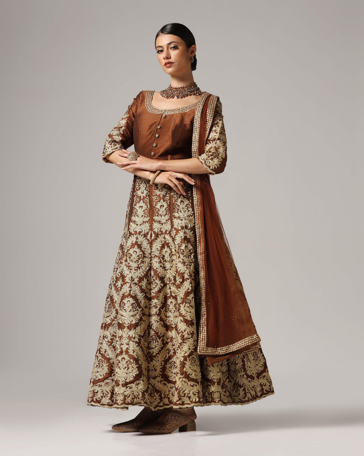 Brown Gold Aari Embroidered Anarkali
