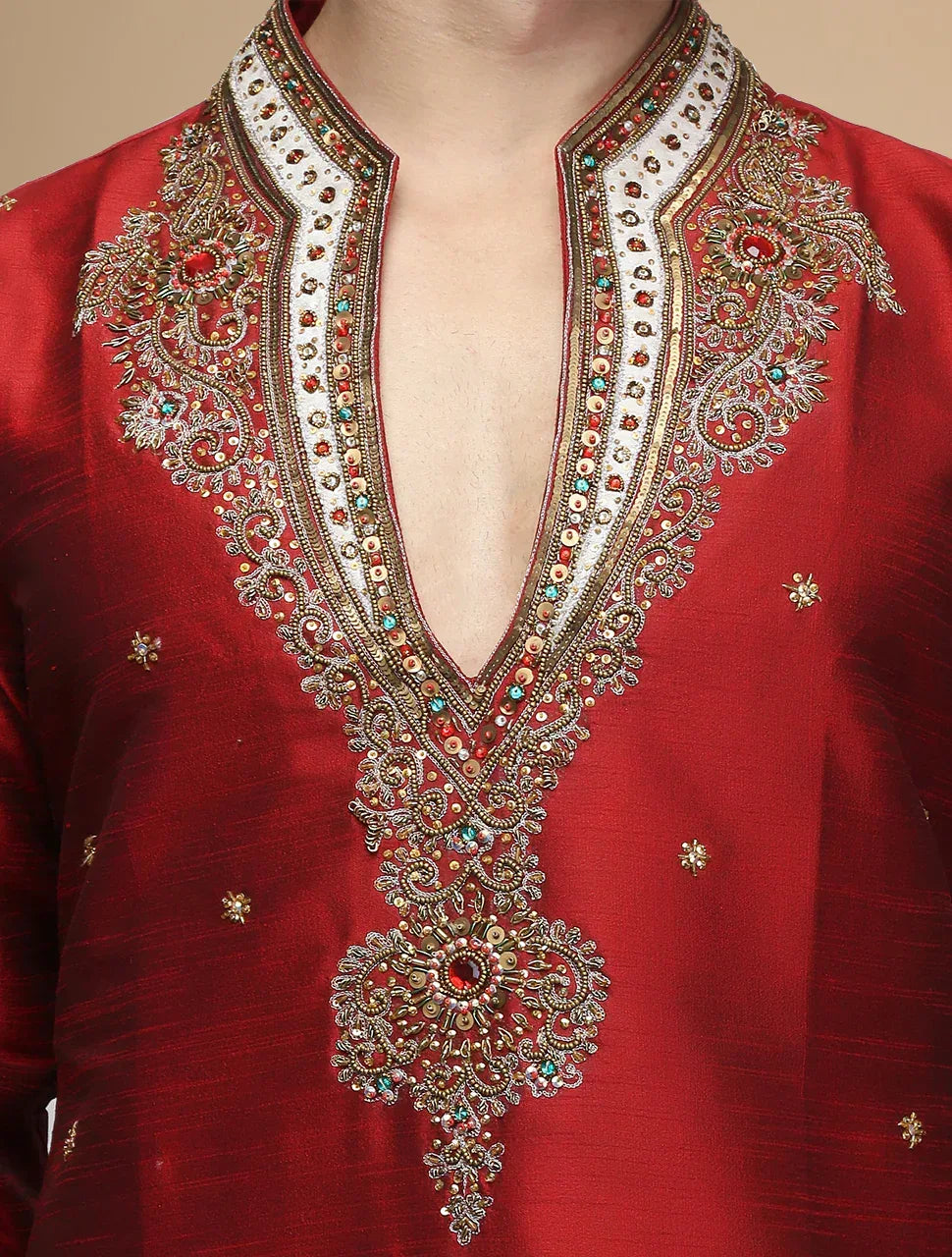 Men's Maroon Red Kurta Set.
