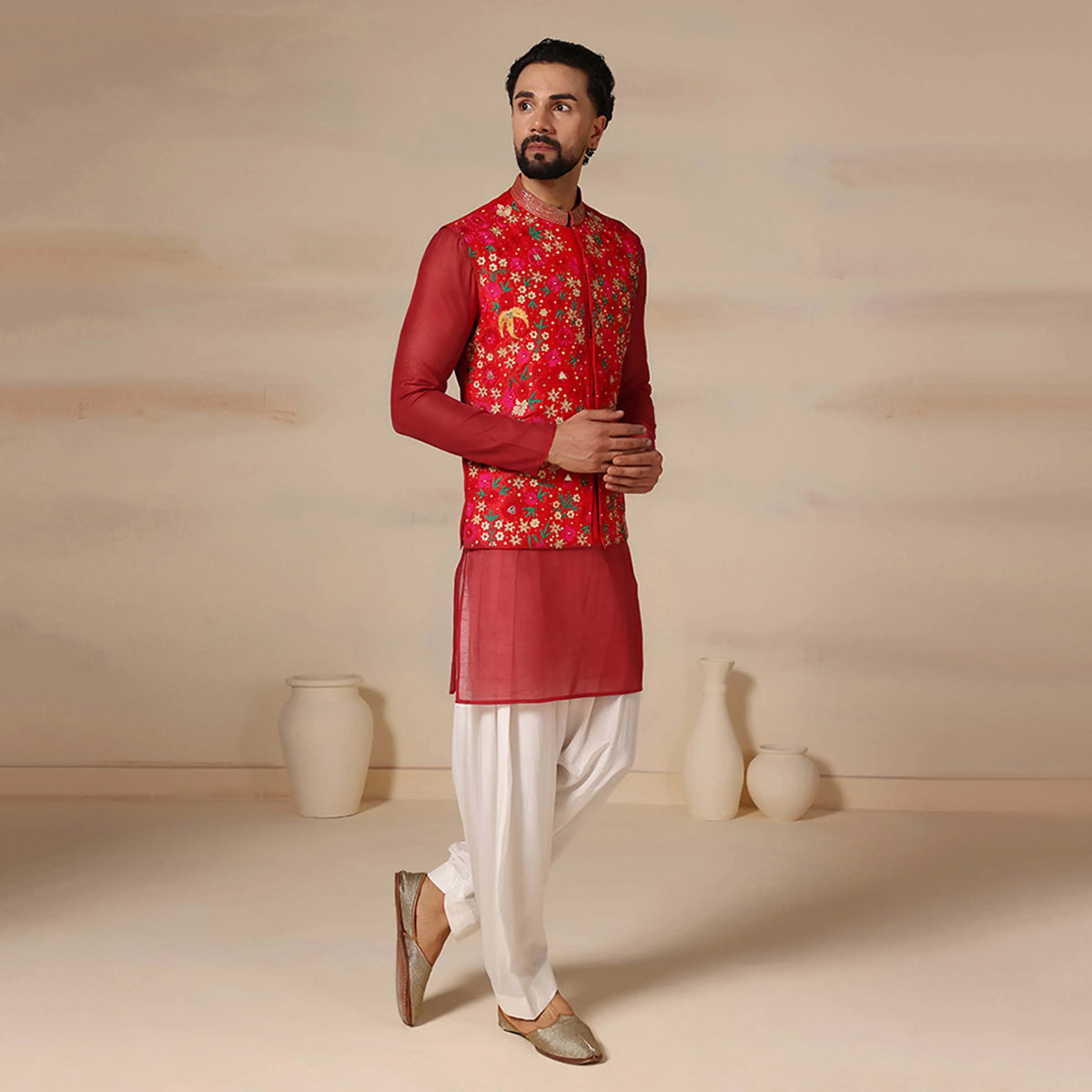 Scarlet Red Bundi Jacket Aari Works With Kurta Salwar Set