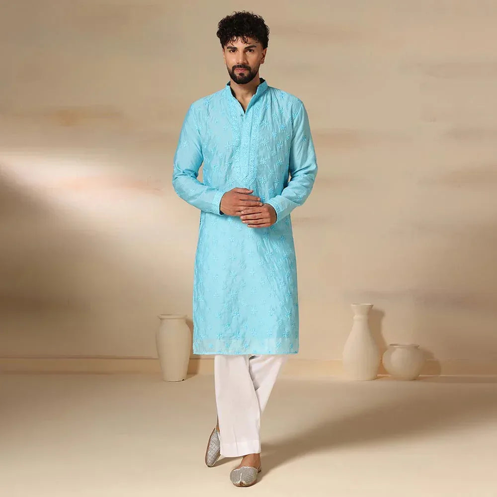 Classic Blue Men's Chikankari Kurta