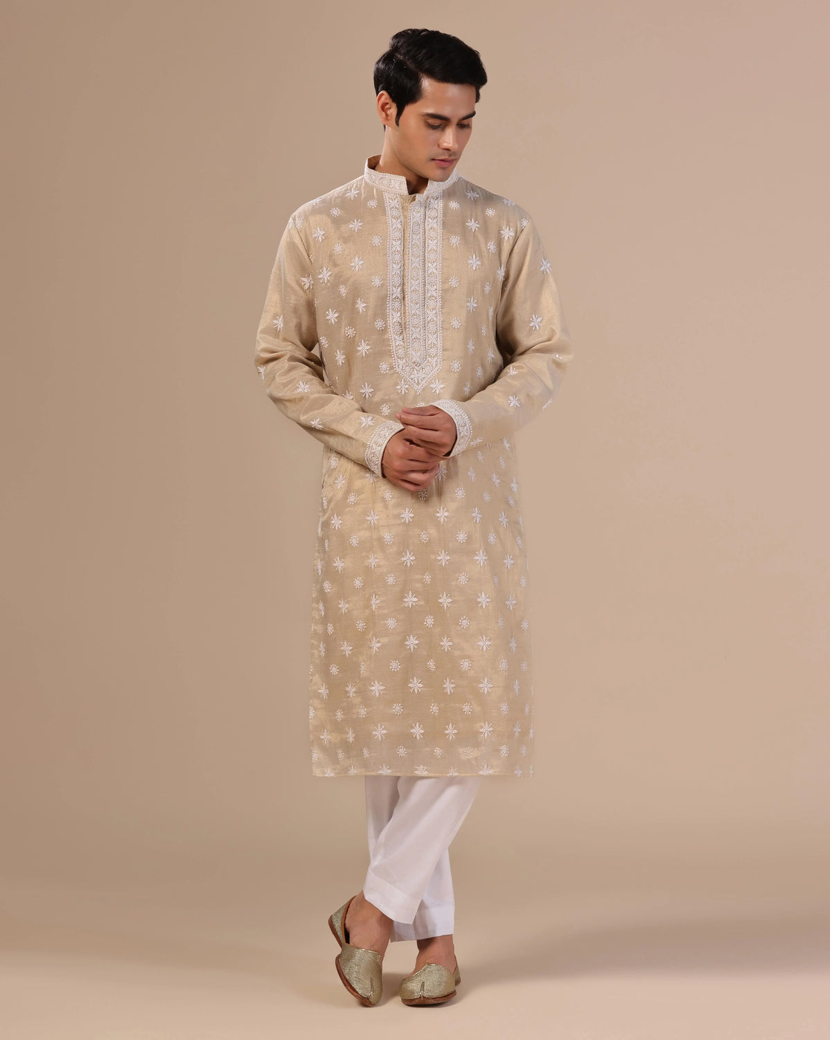 Golden Men's Chikankari Kurta With Mukesh Embellishments