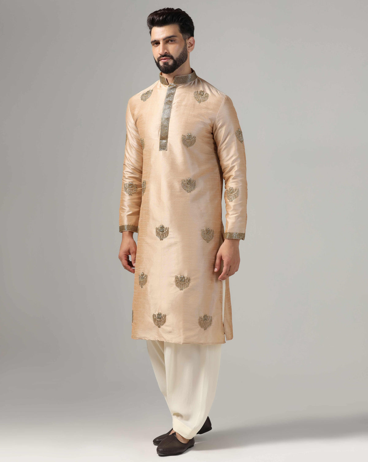 Men's Gold Kurta Set With Intricate Gold Hand Embroidery