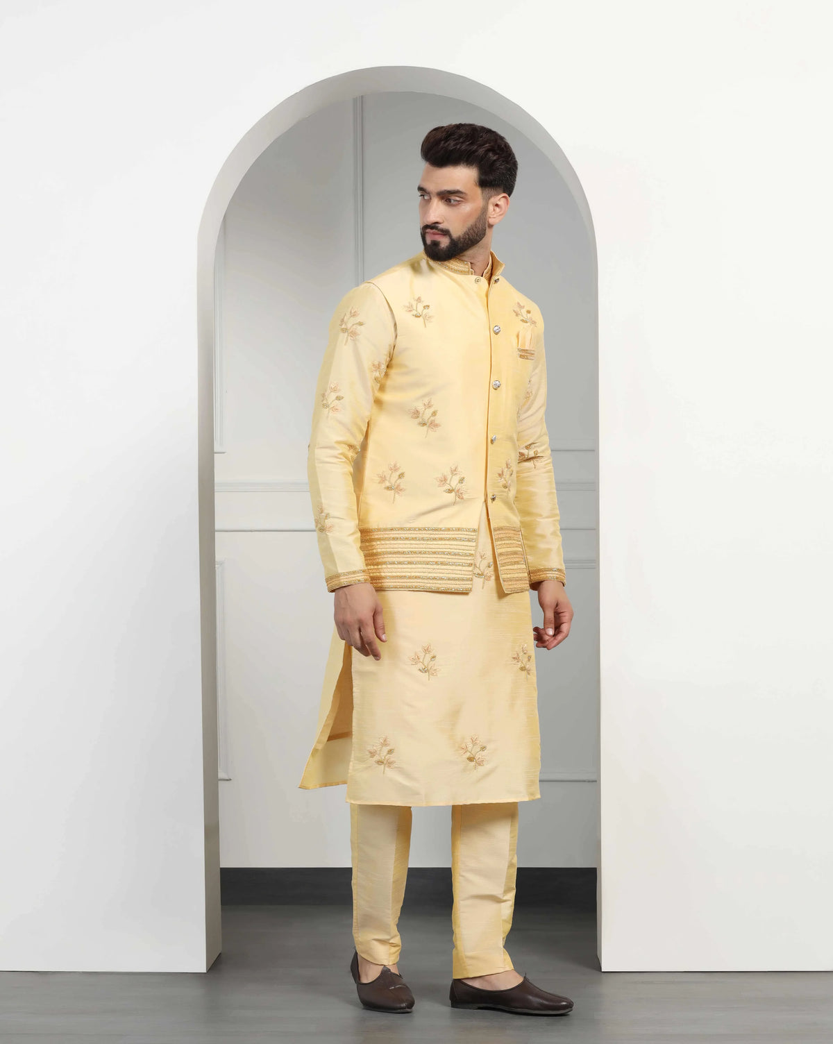 Yellow Men's Embroidered Nehru Jacket