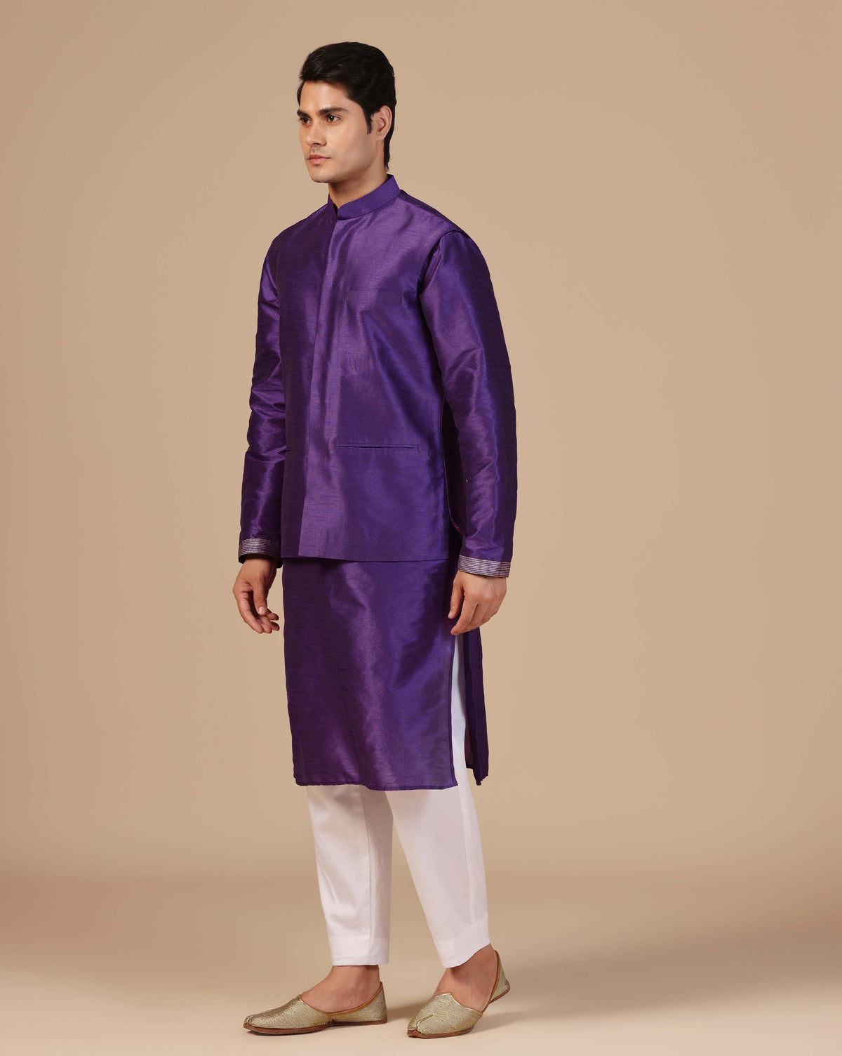 Men's Purple Nehru Jacket Embroidered Kurta Set