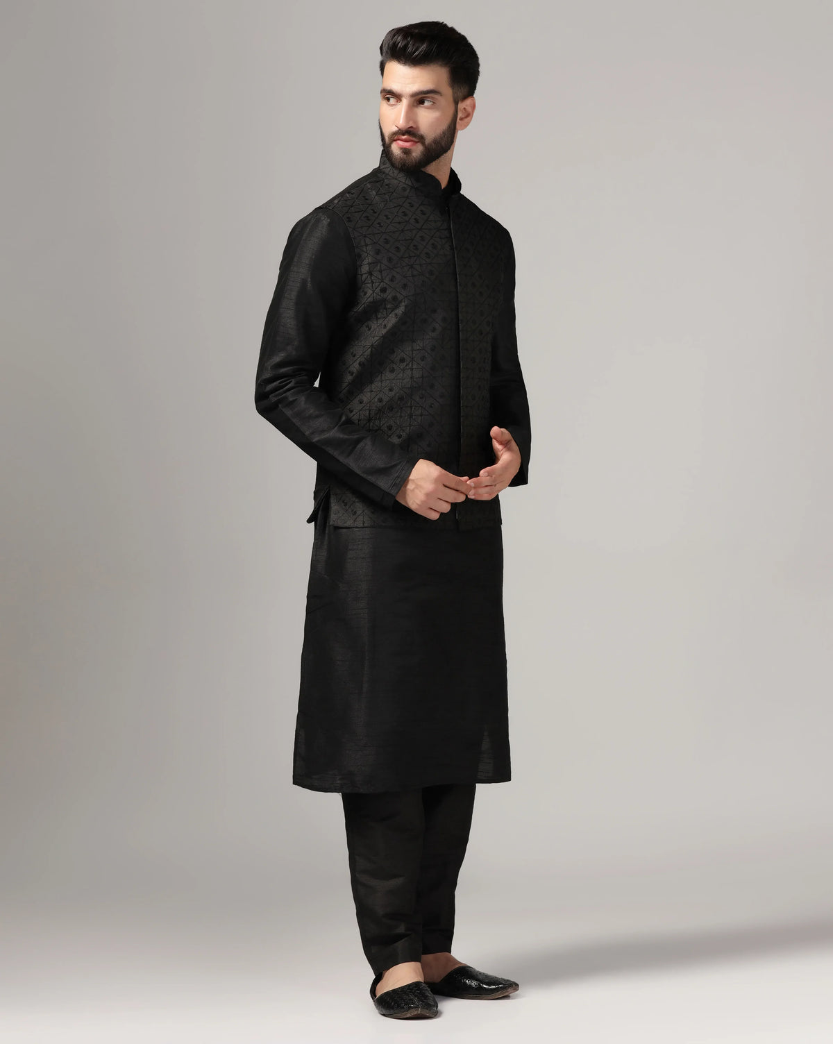 Classic Black Aari Work Nehru Jacket & Kurta Set