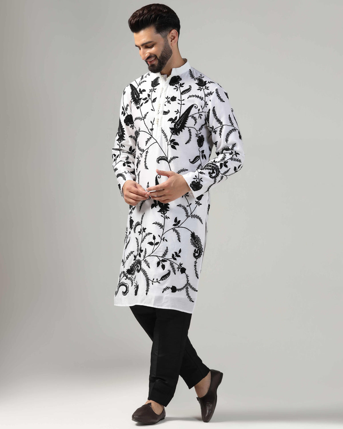 Classic Black & White Men's Chanderi Embroidered Kurta Set