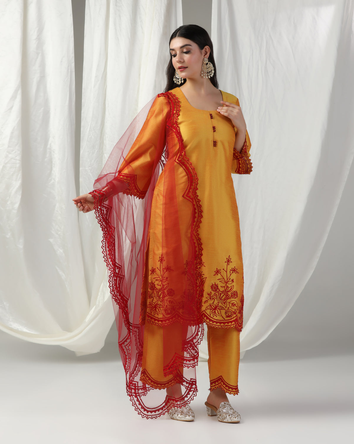 Bright Yellow Aari Embroidery Kurta Set With Dupatta