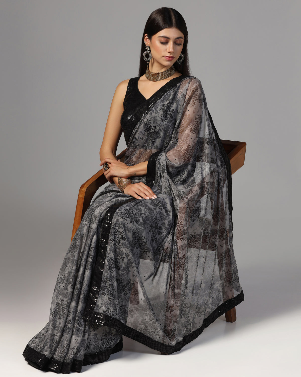 Printed Net Sequin Border Saree