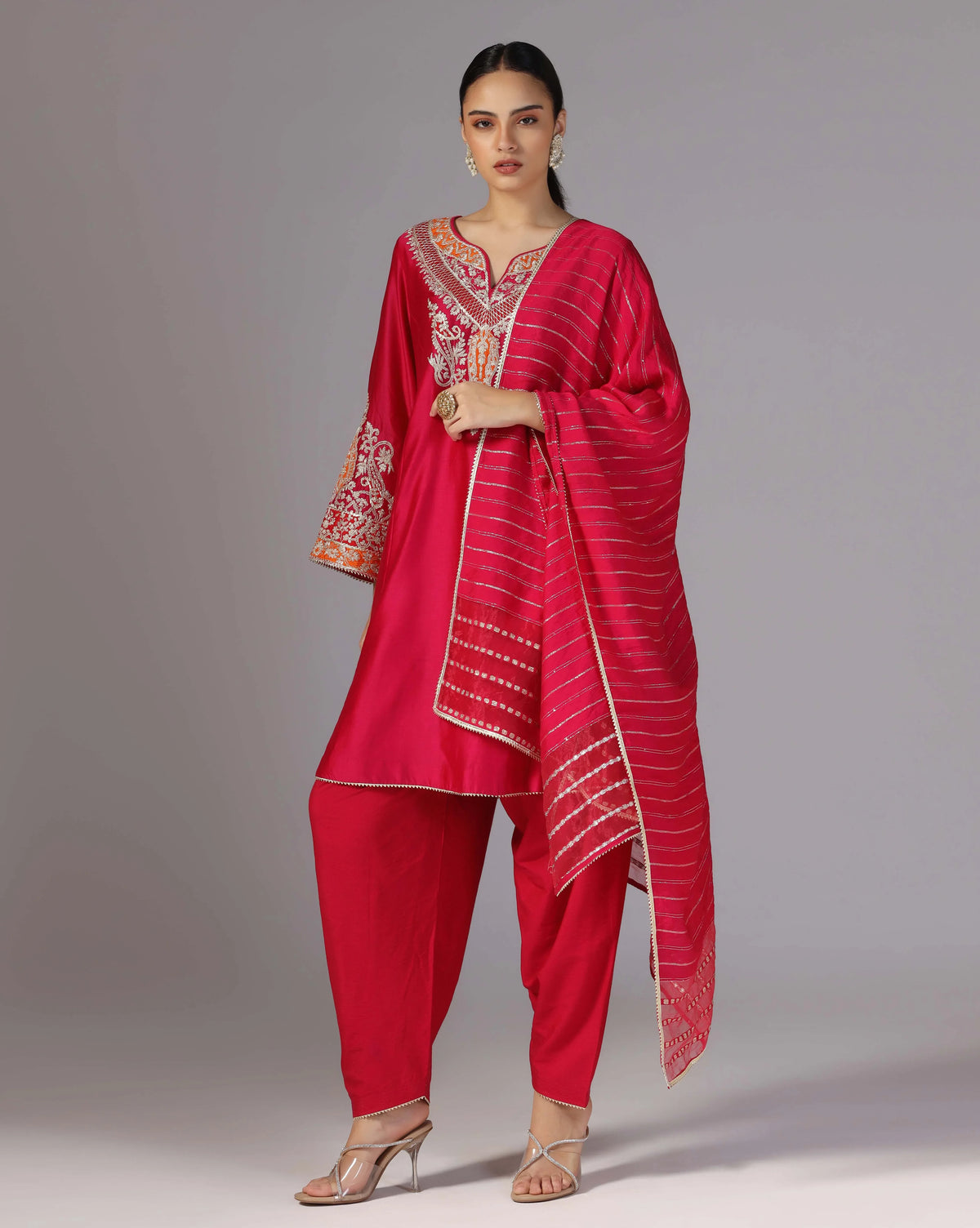 Chanderi Red Dori Embroidery Kurta Set