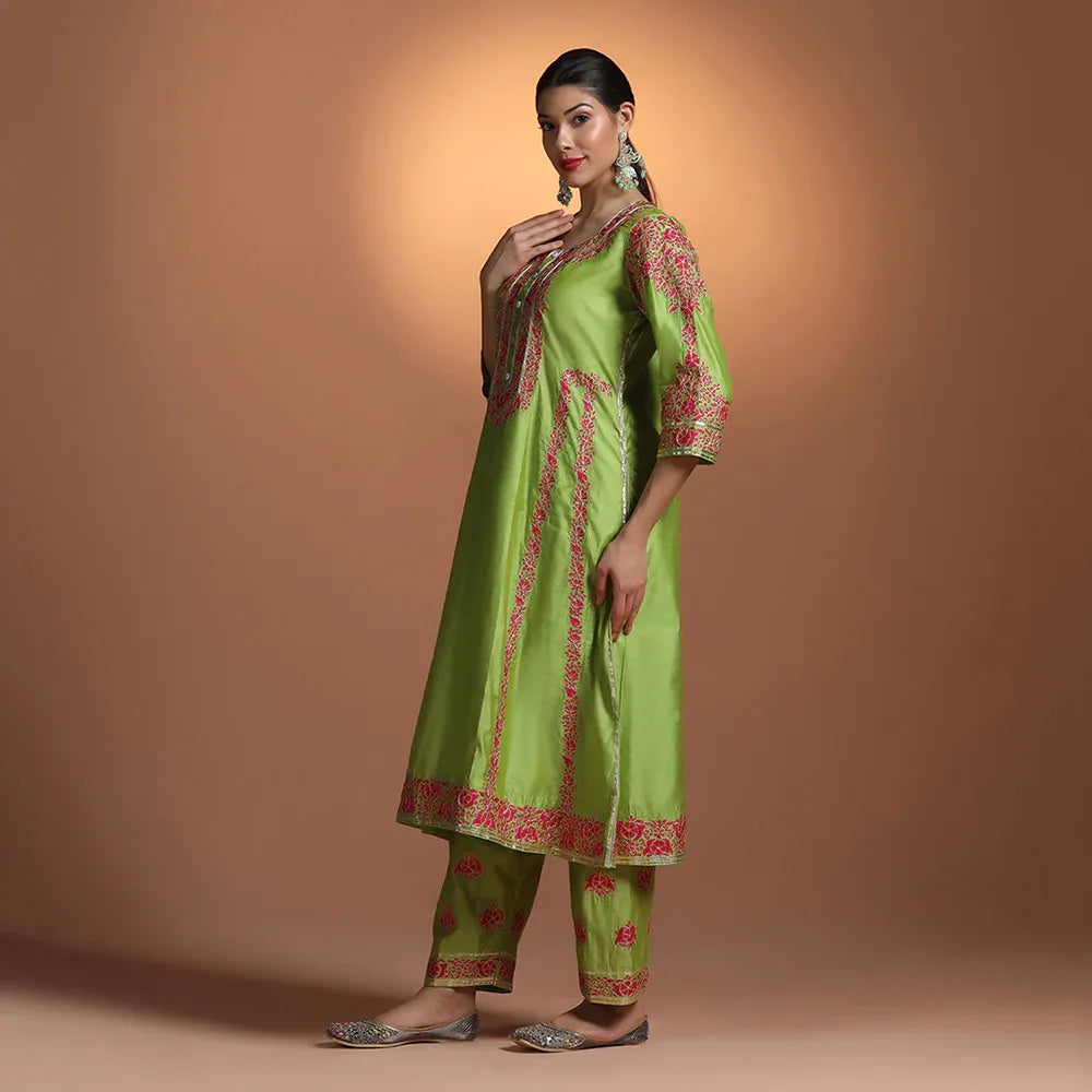 Green Chanderi Embroidered Suit