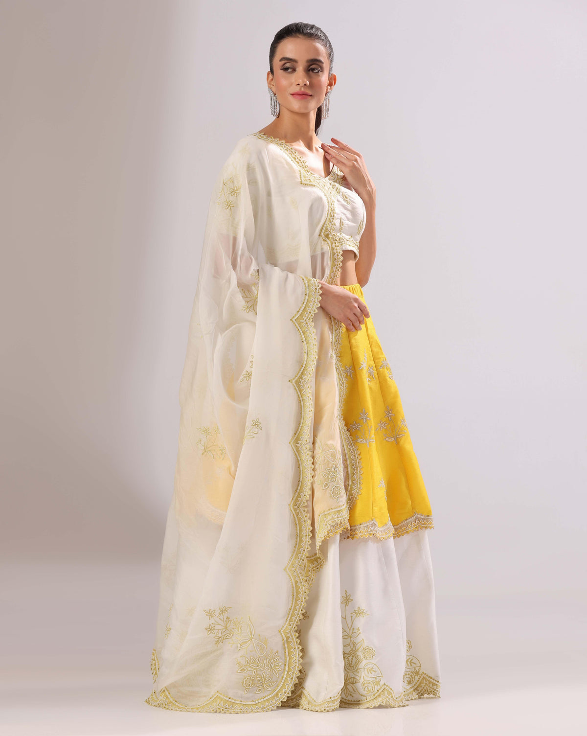 Off-White Yellow Pearl Embroidered Lehenga