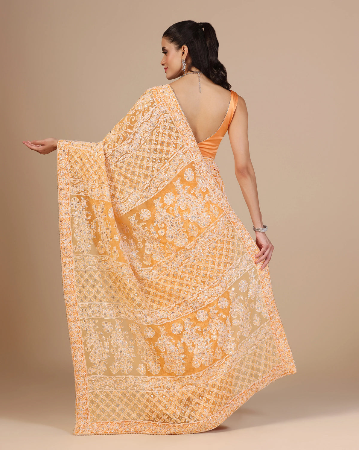 Orange Chikankari Saree With Unstitched Blouse