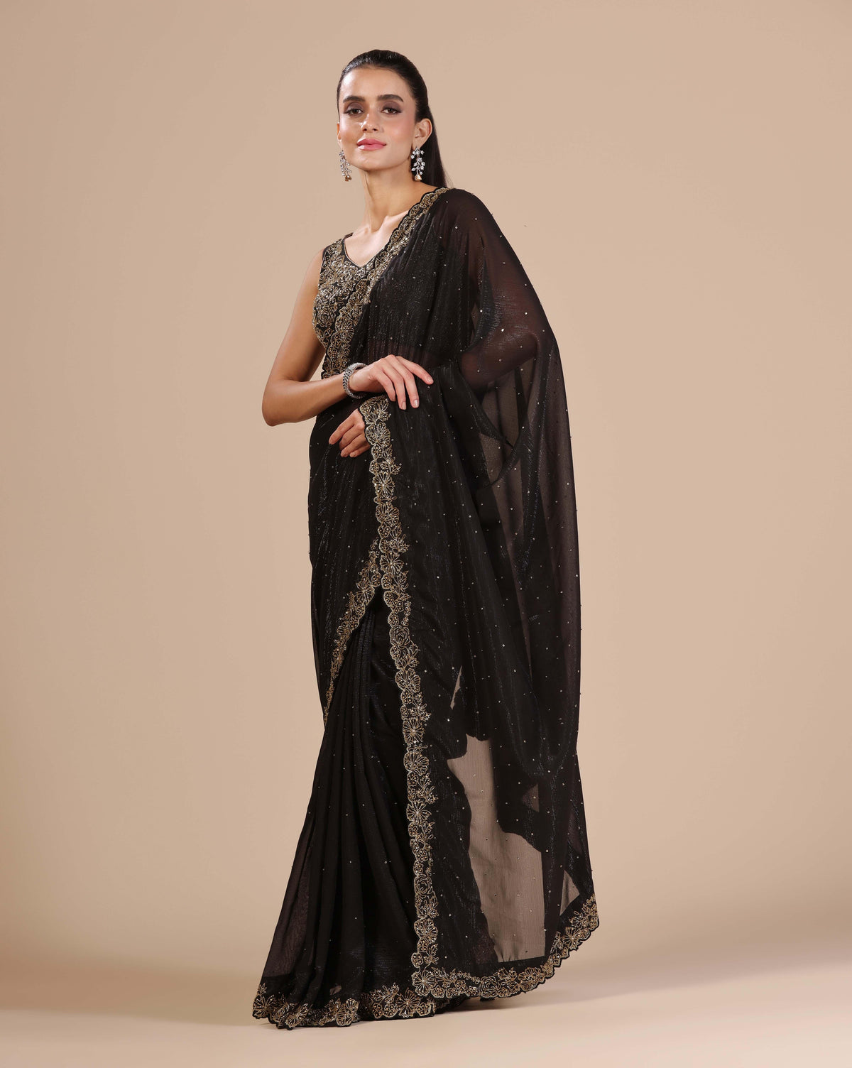 Black Cut Dana Chiffon Saree With Unstitched Blouse