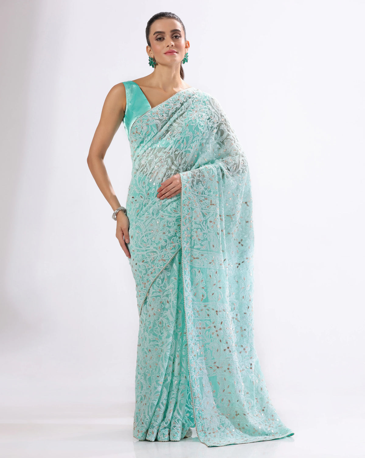 Sea Blue Chikankari Saree With Unstitched Blouse