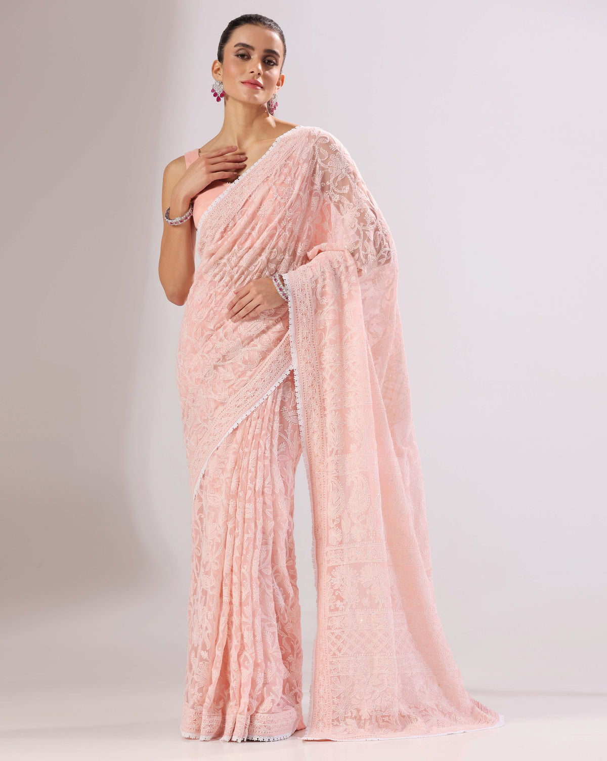 Peach Chikankari Saree