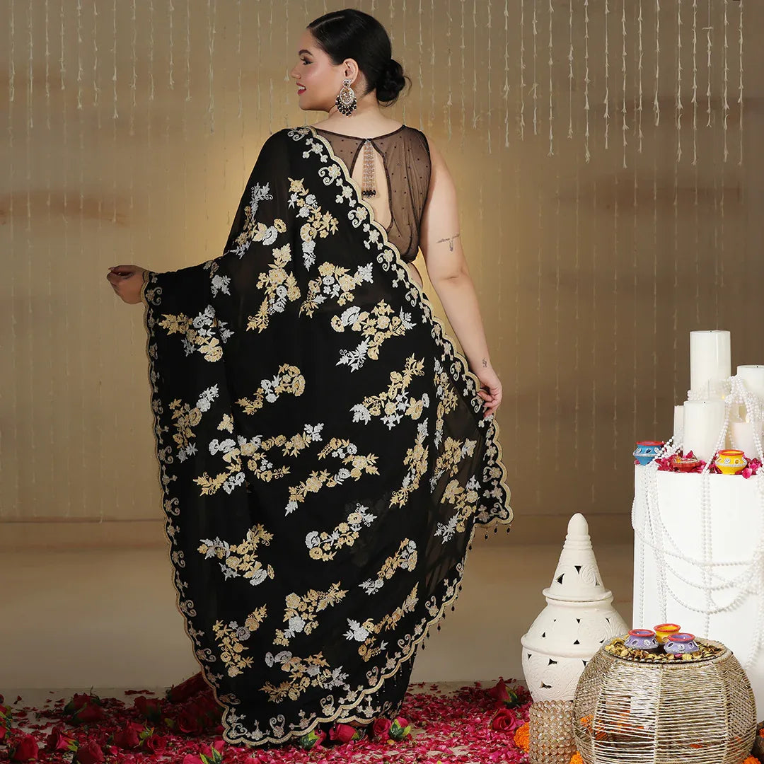 Black Cut Dana Chiffon Saree With Stitched Blouse