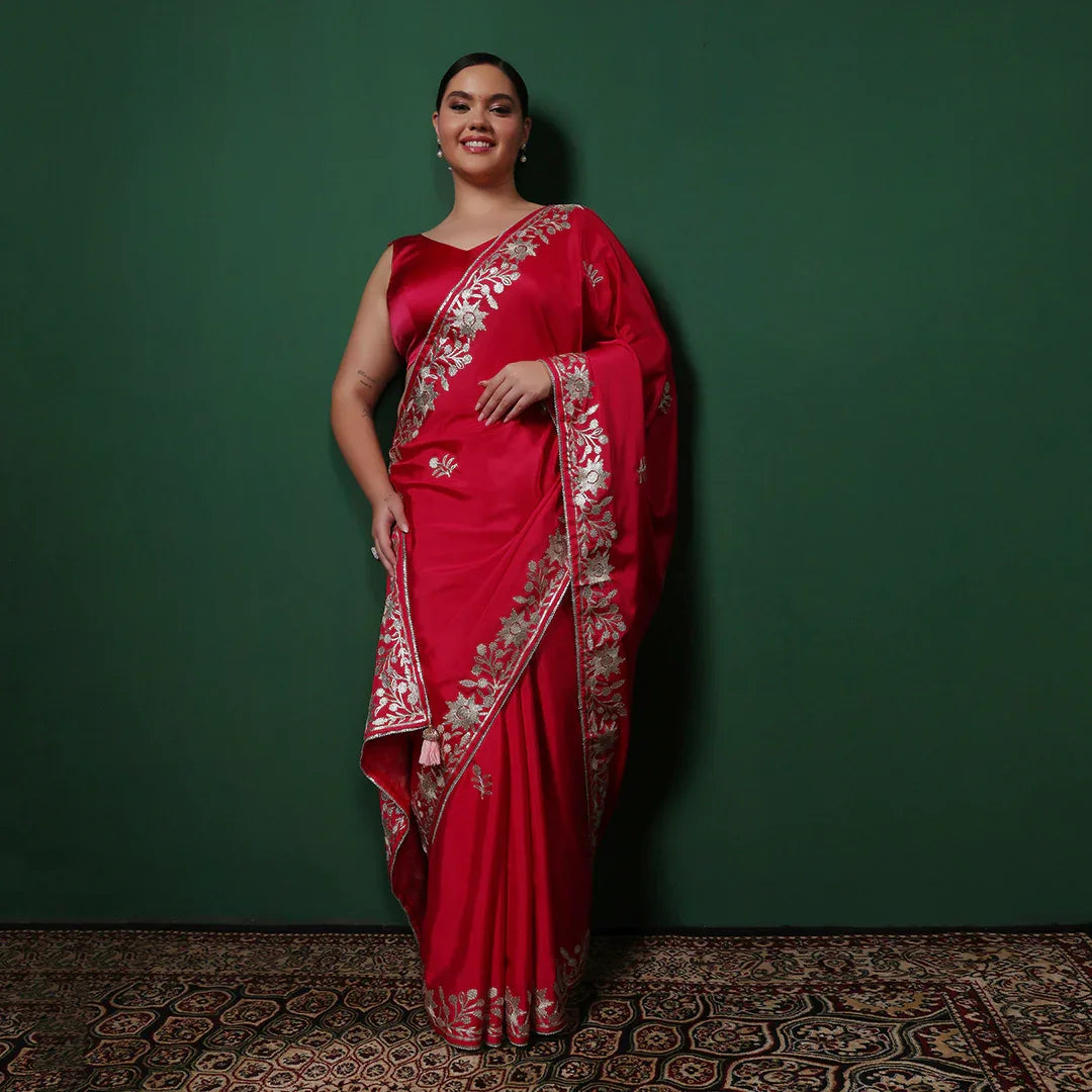 Red Gotta Crepe Saree With Unstitched Blouse
