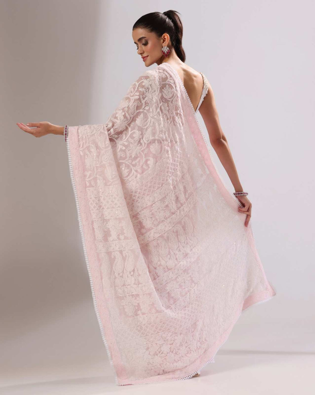 Peach Pink Georgette Chikankari Saree