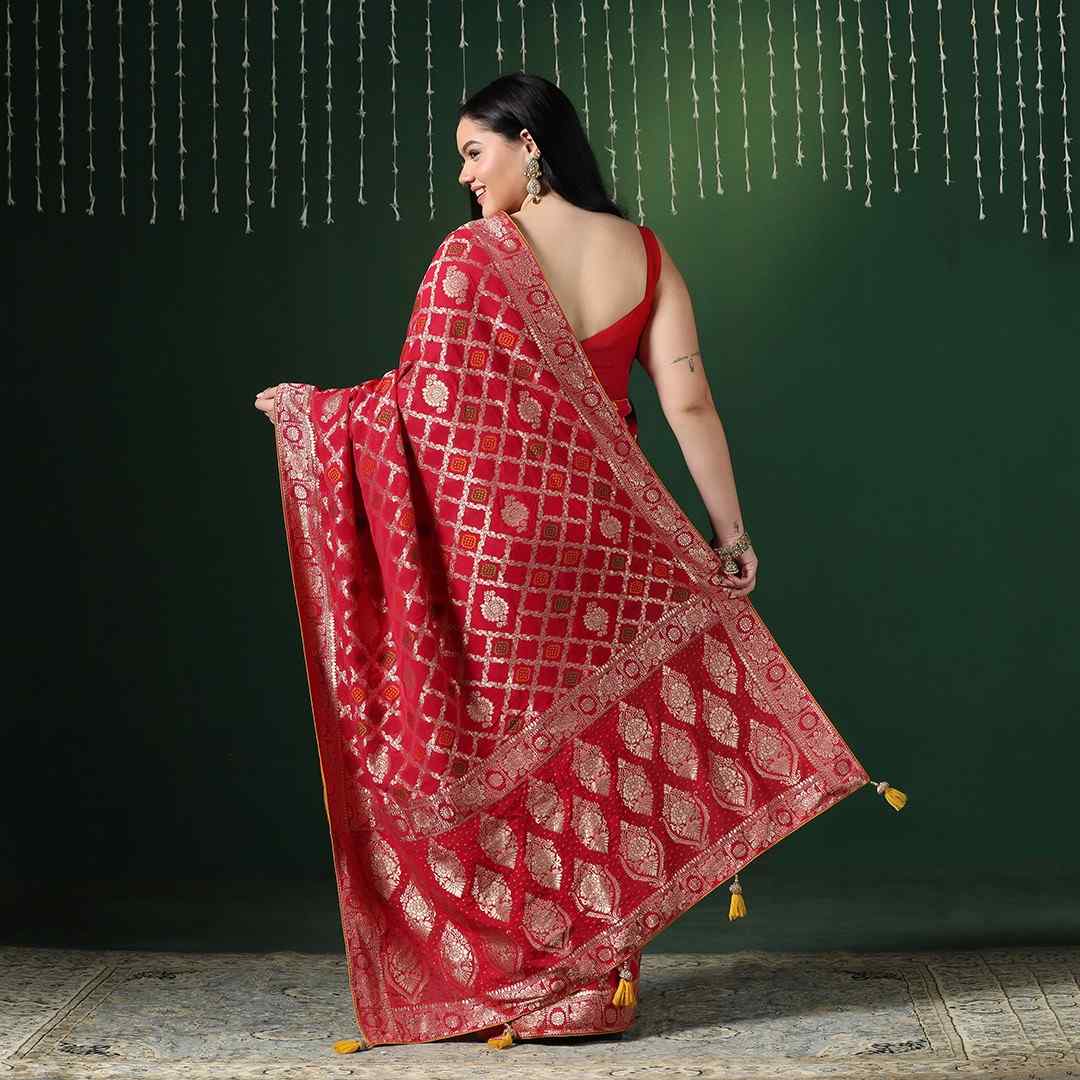 Hot Pink Bandhani Georgette Saree with Unstitched blouse